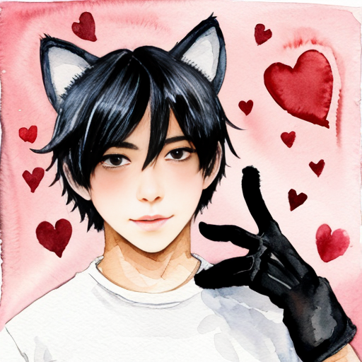 anime teenage boy with red eyes, black hair, white cat ears, a white shirt
, blue jeans, black gloves with one love heart per glove and a brown cat tail with a white stripe near the tip.