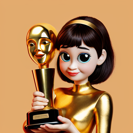the emotion proud one person gold holding trophy Pixar cartoon style gold skin big eyes happy pretty  gold face