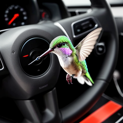Create an image of a hummingbird with a speed gauge like in a car, with mph, on it that is red lining which means the line is in the red and going really fast, make it highly detailed.