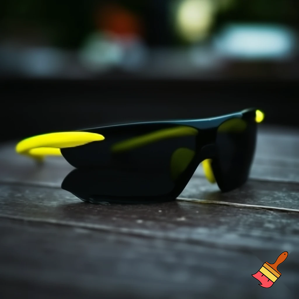 black tinted sport sunglasses on a table with yellow arms
