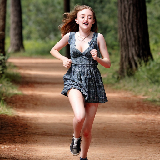 Dakota Fanning, young actress, her dress is torn, she is running through a wood, her breast is exposed