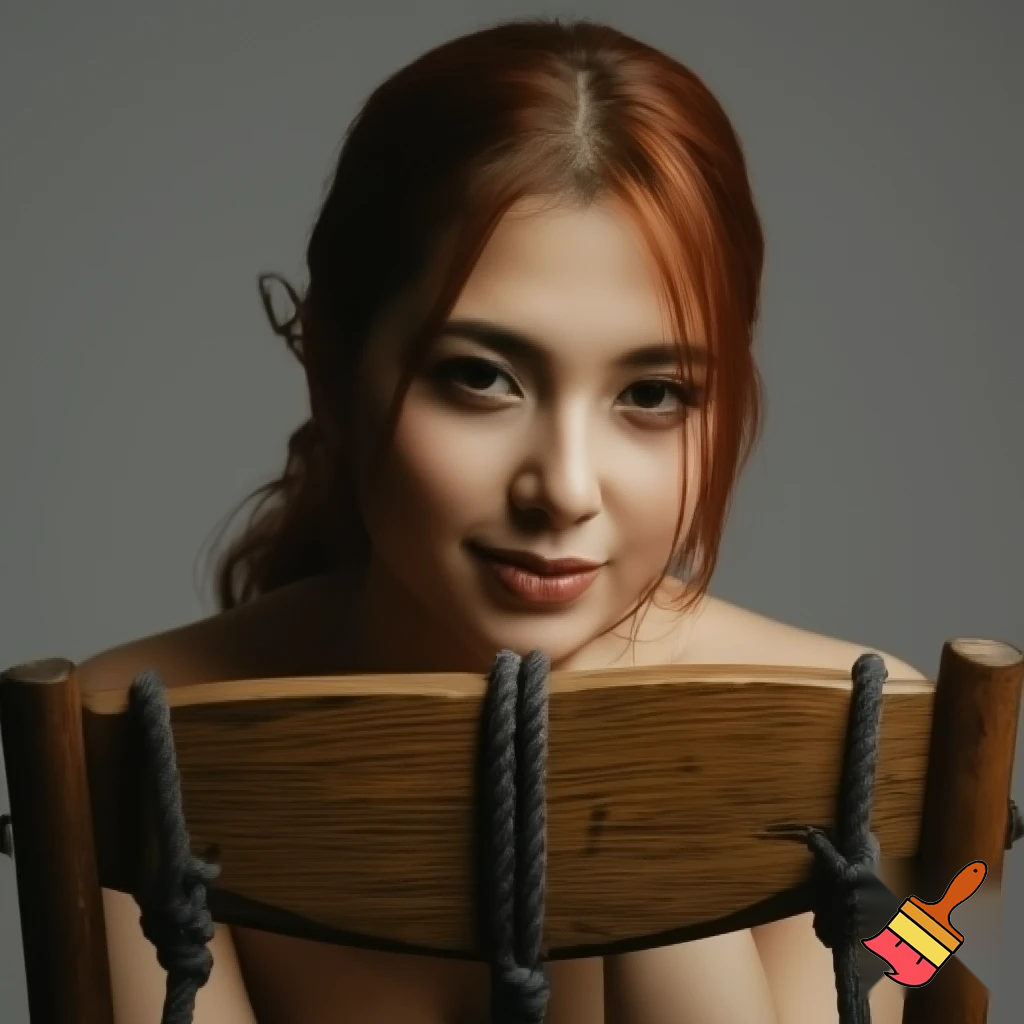 young woman tied to chair smiling chair facing us