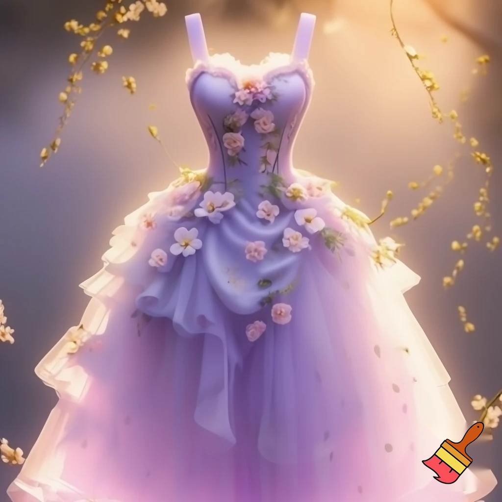 A pastel lavender gown inspired by spring flowers.
The bodice has a soft corset design with hand-drawn floral patterns fading into a light tulle skirt.
It’s romantic and delicate, perfect for garden parties or elegant weddings.