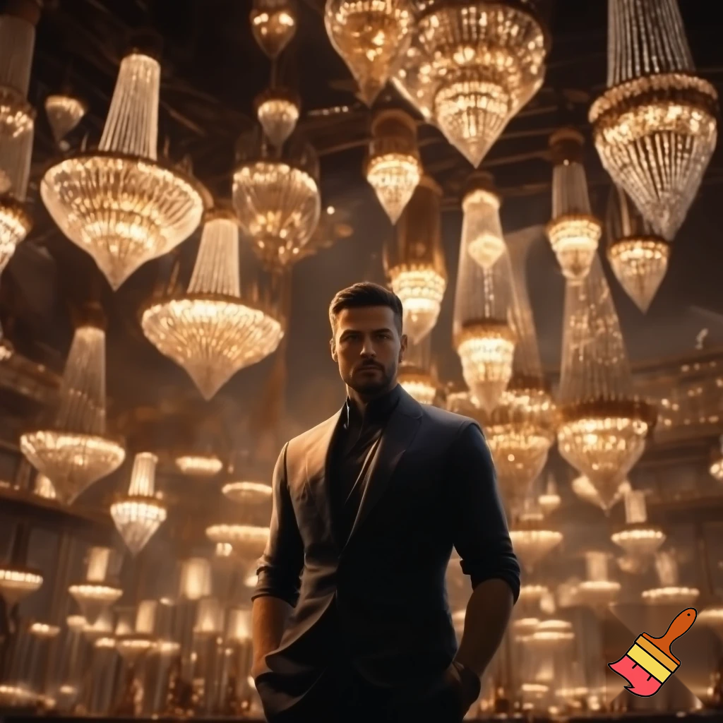 "An image of a handsome, stylish man without a tie, standing in the middle of a large room. Surrounding him are numerous bronze and crystal chandeliers, each shining softly with a warm glow. The chandeliers come in various shapes and sizes, filling the space with an elegant, luxurious atmosphere. The man stands calmly and confidently, looking both modern and sophisticated, amidst the shimmering lights."