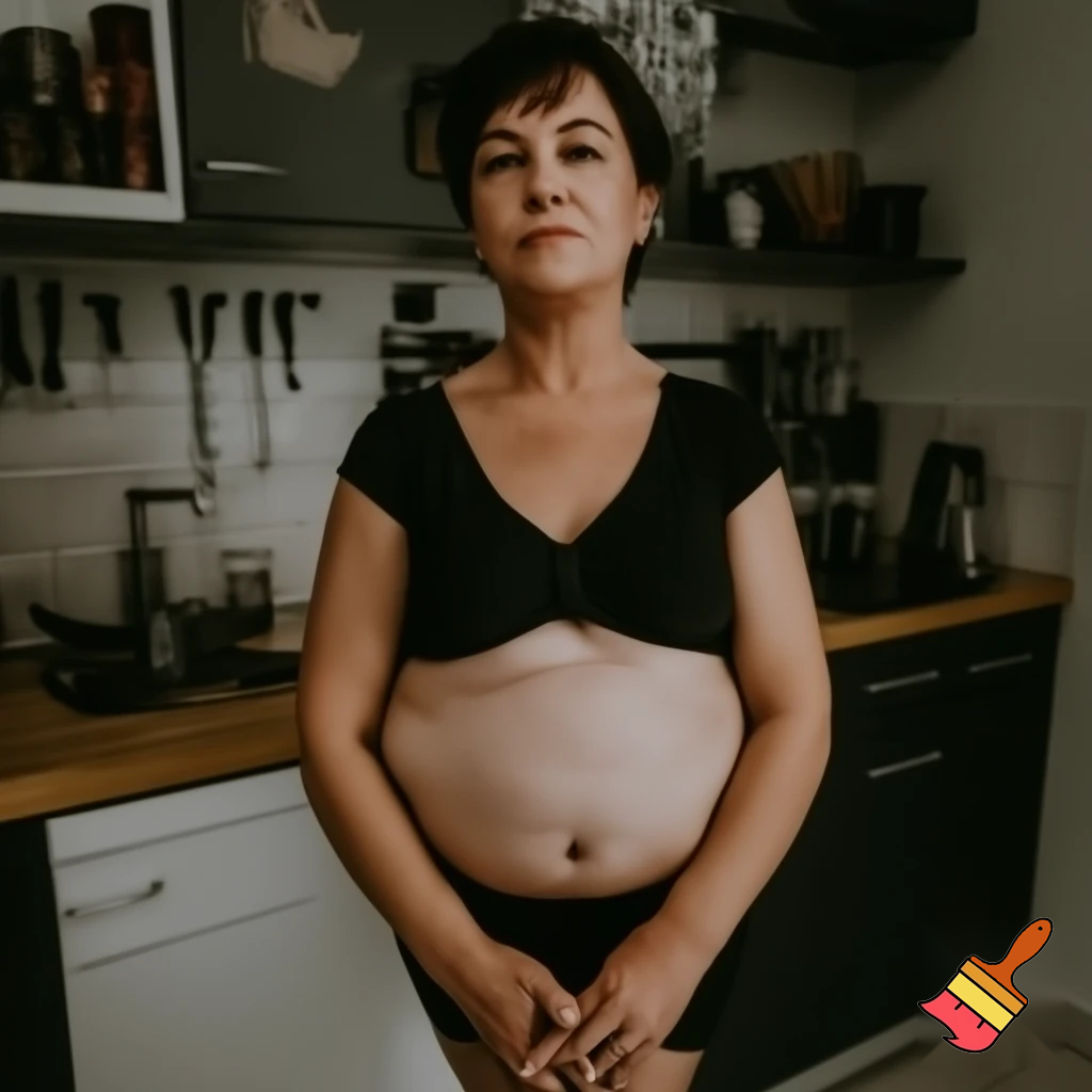 40-year-old woman with large breasts naked in the kitchen