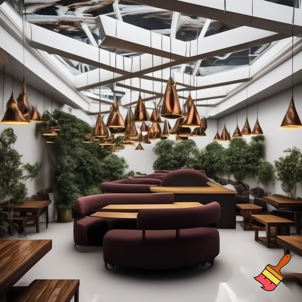 Create a modern coffee shop with lighting dangling down from the ceiling in with bronze brass colour, a curve seating area, oak brown tables, structural engineered shape glass celling with white panelling, white walls, and lighting, with plants