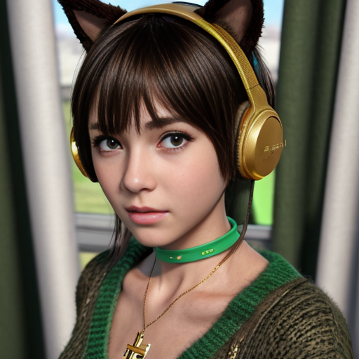 Make a cute anime girl with brown hair and has green eyes and has dark green curtain bangs and has cat ears and a green sweater and black headphones on her neck and has a gold cross necklace and small gold hoop earrings 