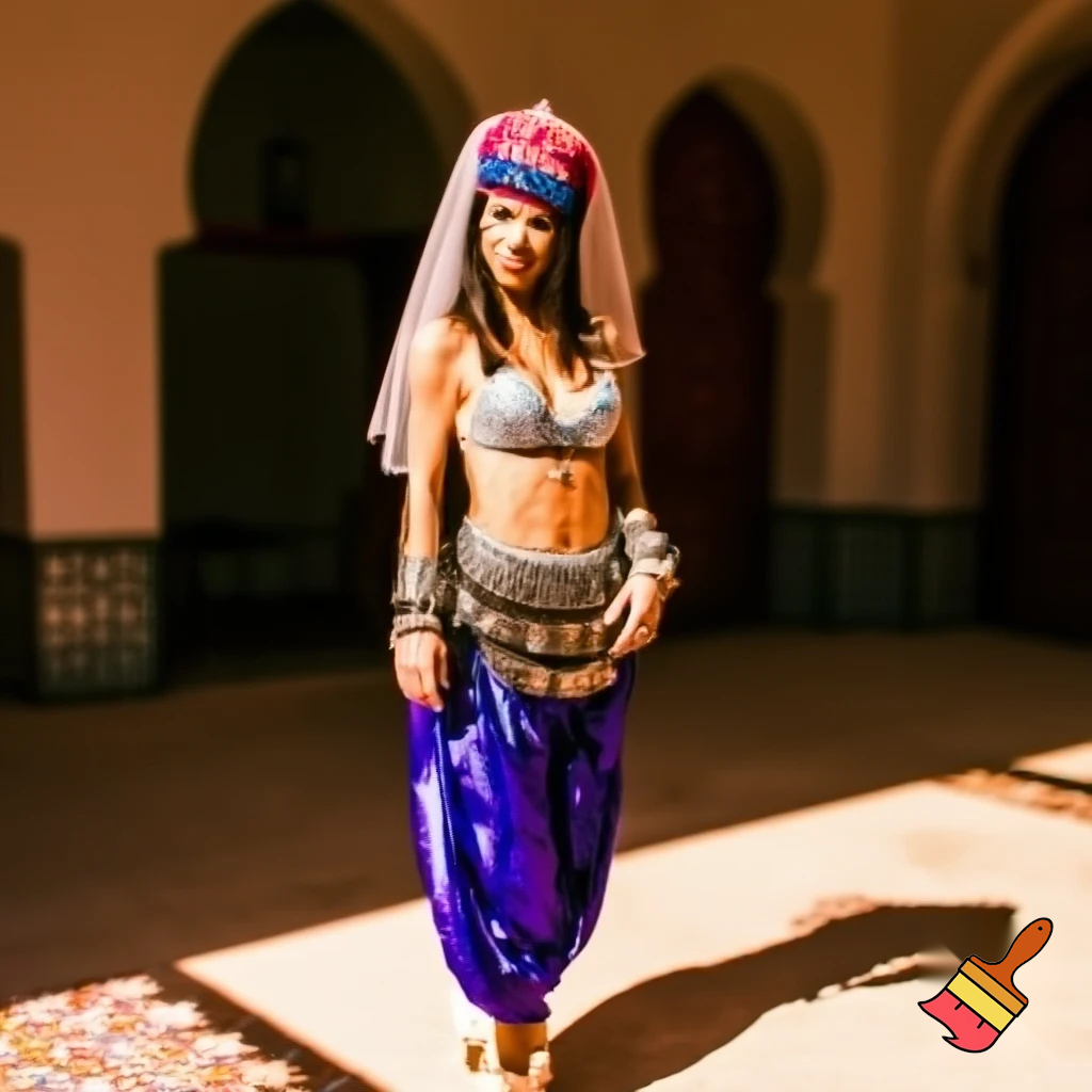 Attractive Moroccan woman wearing a headpiece with a small crescent moon charm, a veil, ornate cuffs, a bejeweled bra, a coin belt, harem pants and ballroom dance shoes in California 