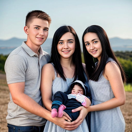 make a family photo with a 26 year old mom with black hair. Add her 2 
year old boy triplets with black hair. also add her 16 year old triplet girls with black long hair.