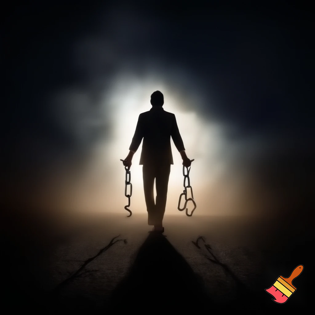 A man walking from darkness into bright light, broken chains on hands, dust and smoke behind, symbol of freedom and growth, cinematic composition, emotional depth, realistic lighting, hope and determination theme, ultra-high resolution