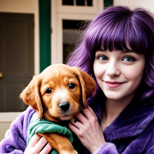 a girl with a whimsical eye and luscious purple hair baggy old green clothes and a puppy with blue fur