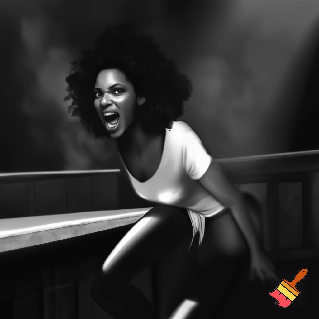 Beyonce with black short curly hair wearing a white shirt with shorts in a black setting moving screaming in a black & white bar ,she should be angry expression & furious 