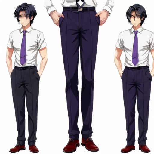 a anime tall guy with black hair purple eyes business pants
 