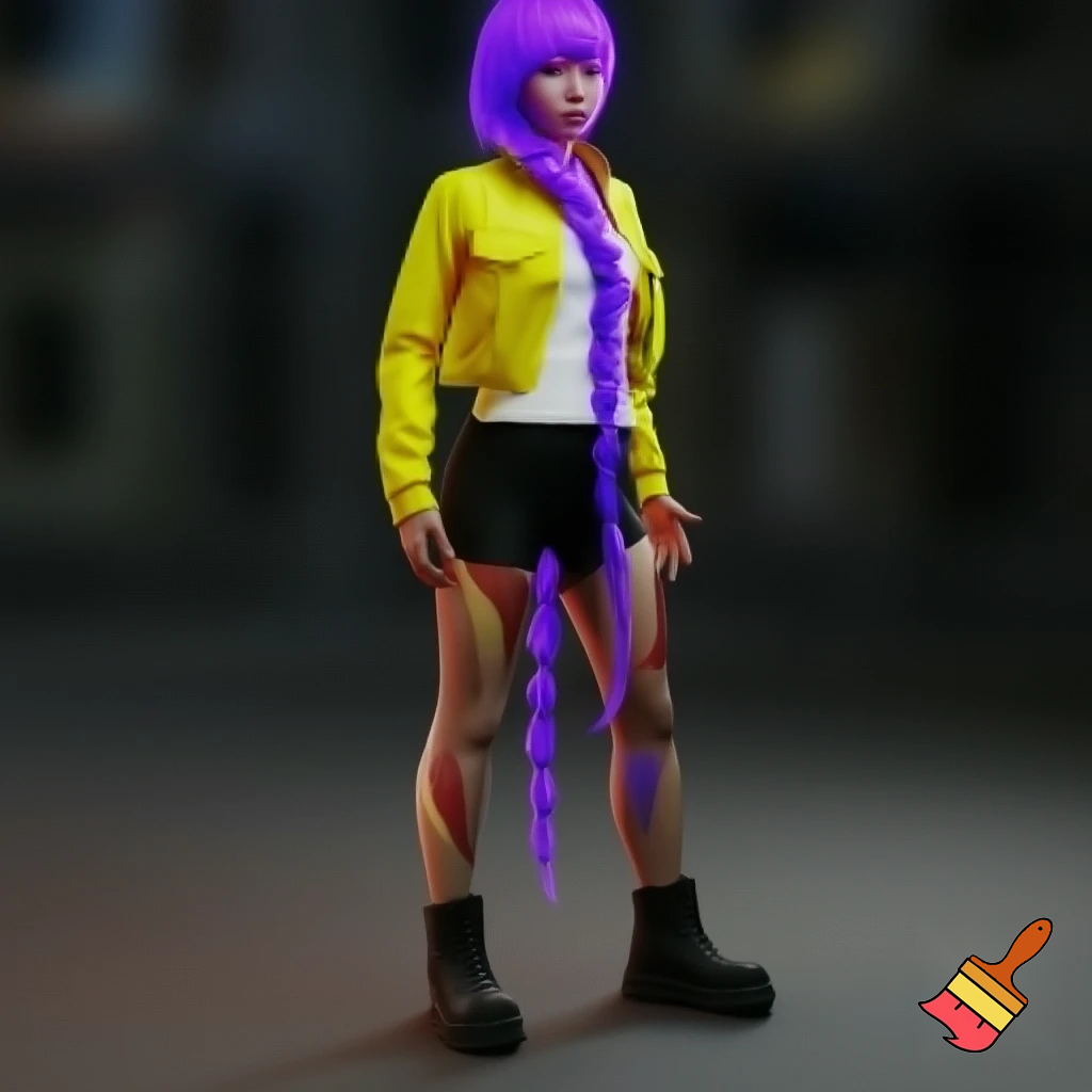 rumi, the main character in the animated film KPop Demon Hunters, is described as a slim and athletic young Korean woman in her early twenties. Her physical description in the film is highly stylized to reflect K-pop idol beauty standards, but the character design also emphasizes her strength and agility as a demon hunter. ties, reconciling her dual nature and the markings that appear on her skin. The hair is a vibrant, brilliant purple (often described as lavender or lilac in fan discussions). Unlike the demon patterns on her body which change color, the purple hair is a static feature that she has had since childhood, suggesting it is a natural result of her half-demon heritage rather than dye.
Style: Her hair is typically styled in a very long, high-swept braid that reaches down to her calves or even ankles. The specific braiding technique is most often a dragon braid or pull-through braid, which gives it a voluminous, segmented, and rope-like appearance that can whip around dramatically during fight scenes. with a yellow jacket and a white top and black pants  shorter like the top of a leg and black boots