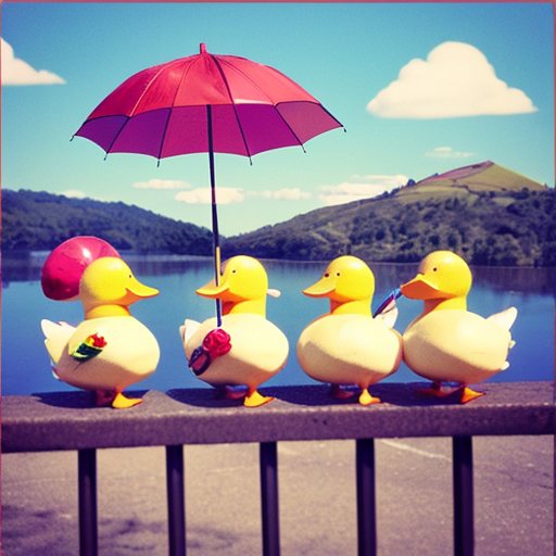 Five little ducks with plain, red bow, blue cap, colour lollipop and purple umbrella went out one day, over the hills and far away.