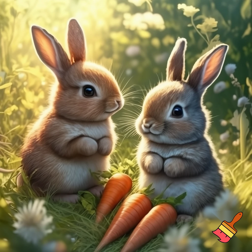 Two rabbits eating carrots