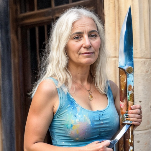 young, tall, white-haired woman in armor is sad because a Turkish man stole her knife.