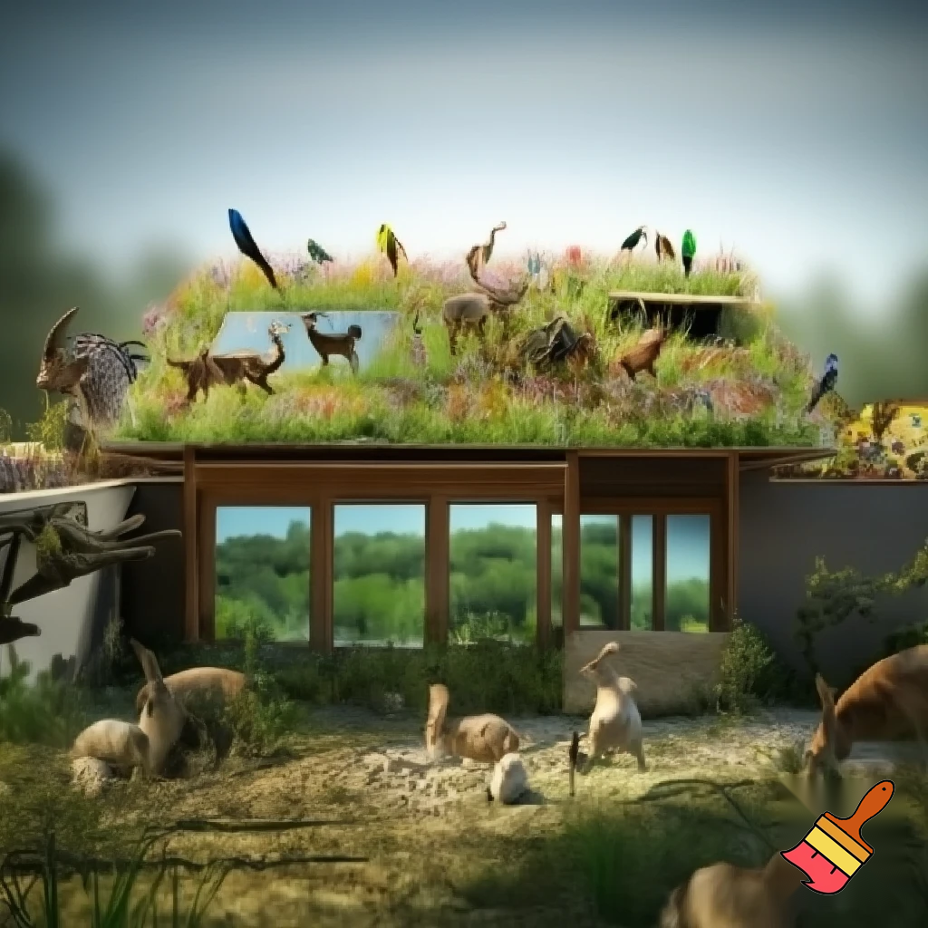 Una casa ecologica amb molts animals.