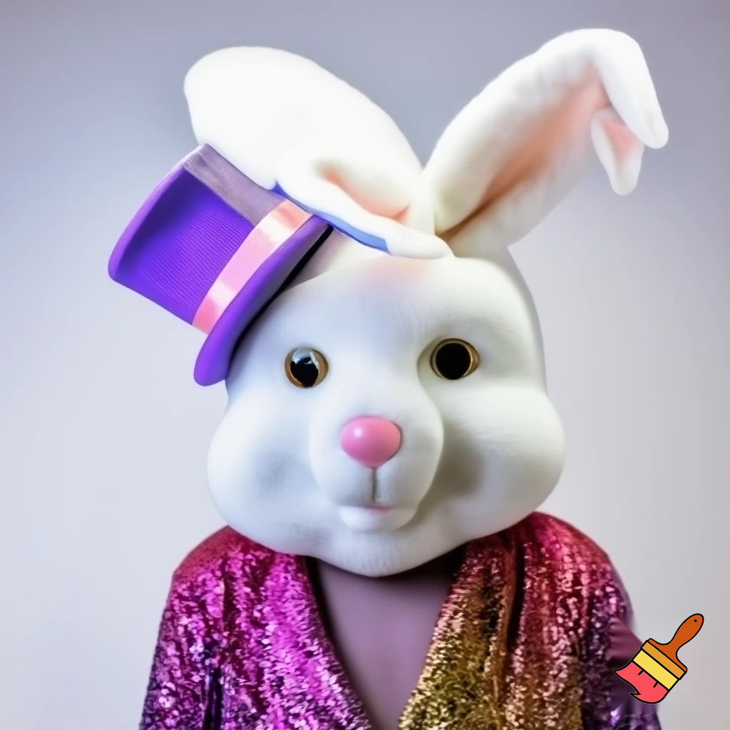 Easter bunny mascot costume top hat a colour face jacket purple and pink pink, purple and pink and gold purple and pink and gold