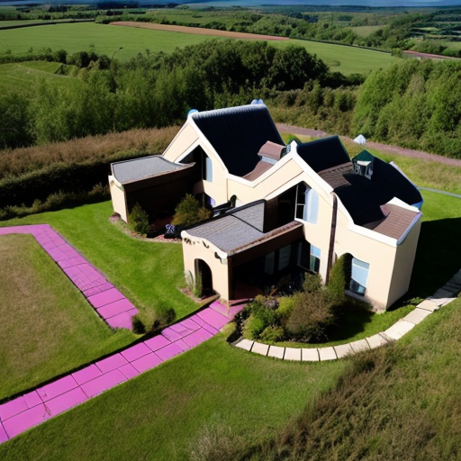 Aerial view of Asland Human peoples and children with sci-fi futuristic clothing at the Asland village with flag of Asland with white field and red-linned black saltire, beige sci-fi futuristic houses with red brick sci-fi futuristic roofs, grey sci-fi futuristic houses with red brick sci-fi futuristic roofs, beige sci-fi futuristic Catholic church with red brick sci-fi futuristic roof, road, gardens, corn fields, meadows taiga forest, hills and cloudy sky in May 2621.
