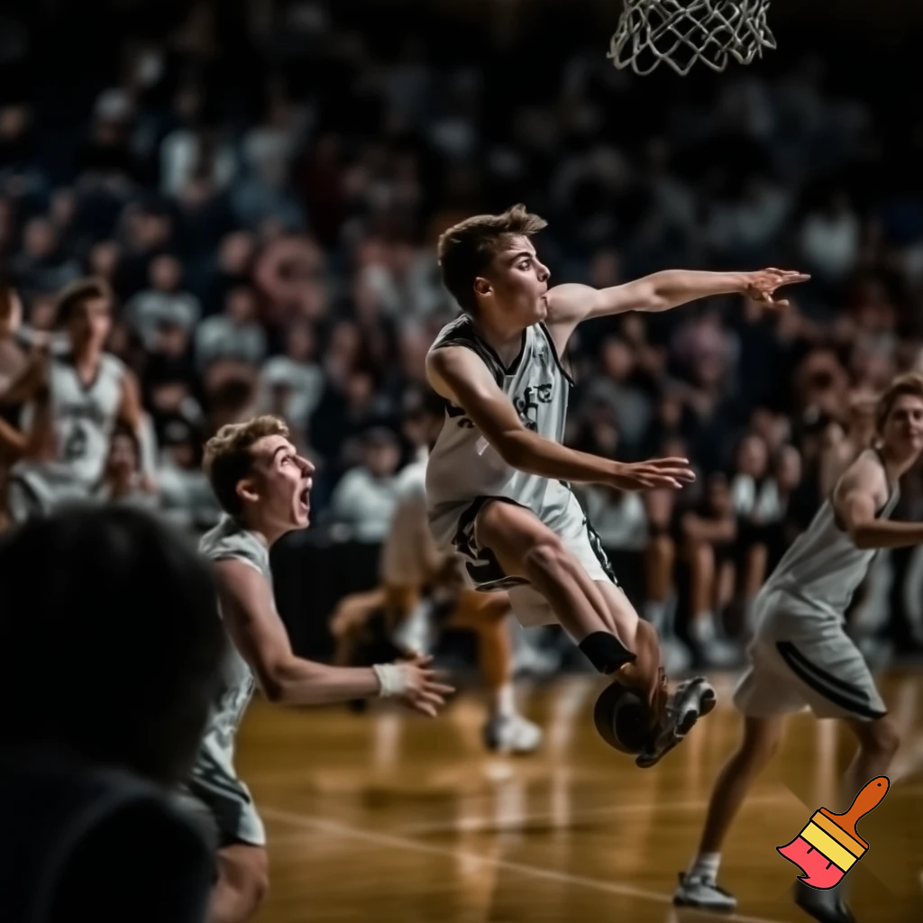 behind white teenage basketball players making a game winning three pointer