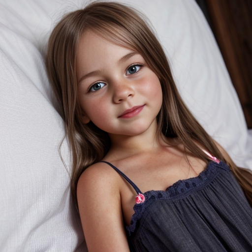 swedish little girl, long brunette hair, night dress, on the bedroom, close up