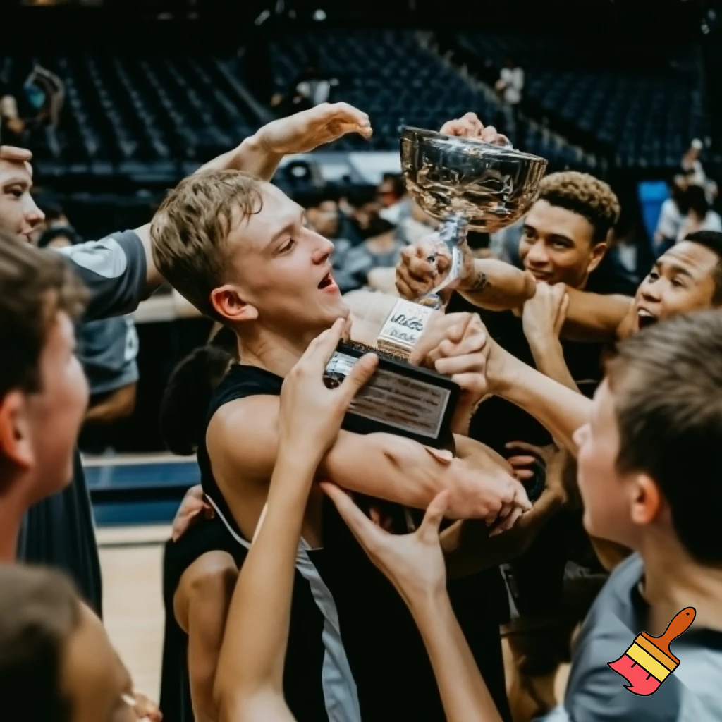 white teenage basketball with blonde hair player holds a trophy while the team is carrying him