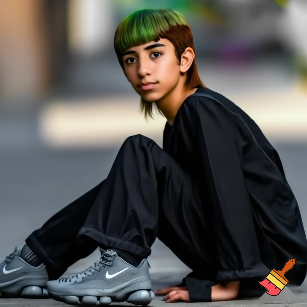 wygeneruj moją podobiznę 186 wzrostu włosy na krótszy modern mullet grzywka delikatnię w górę moje buty nike shox szare baggy jeansy czrna luzna bluza wyrazista szczęka i oczy brązowo zielone kolor włosów brązowe mam 17 lat