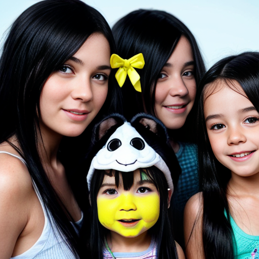 create a family photo with a mom whos  26 years old  and make her have black long hair with light blue eyes. with her boy triplets 2 years old with black hair and green eyes and then with her triplet daughters who are 16 make them have blue eyes with black long hair and make all of them together in a photo all 7 of them