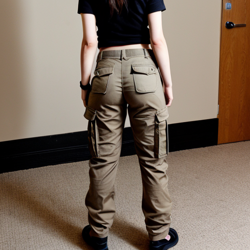 a anime girl with beige cargo pants on turned around

