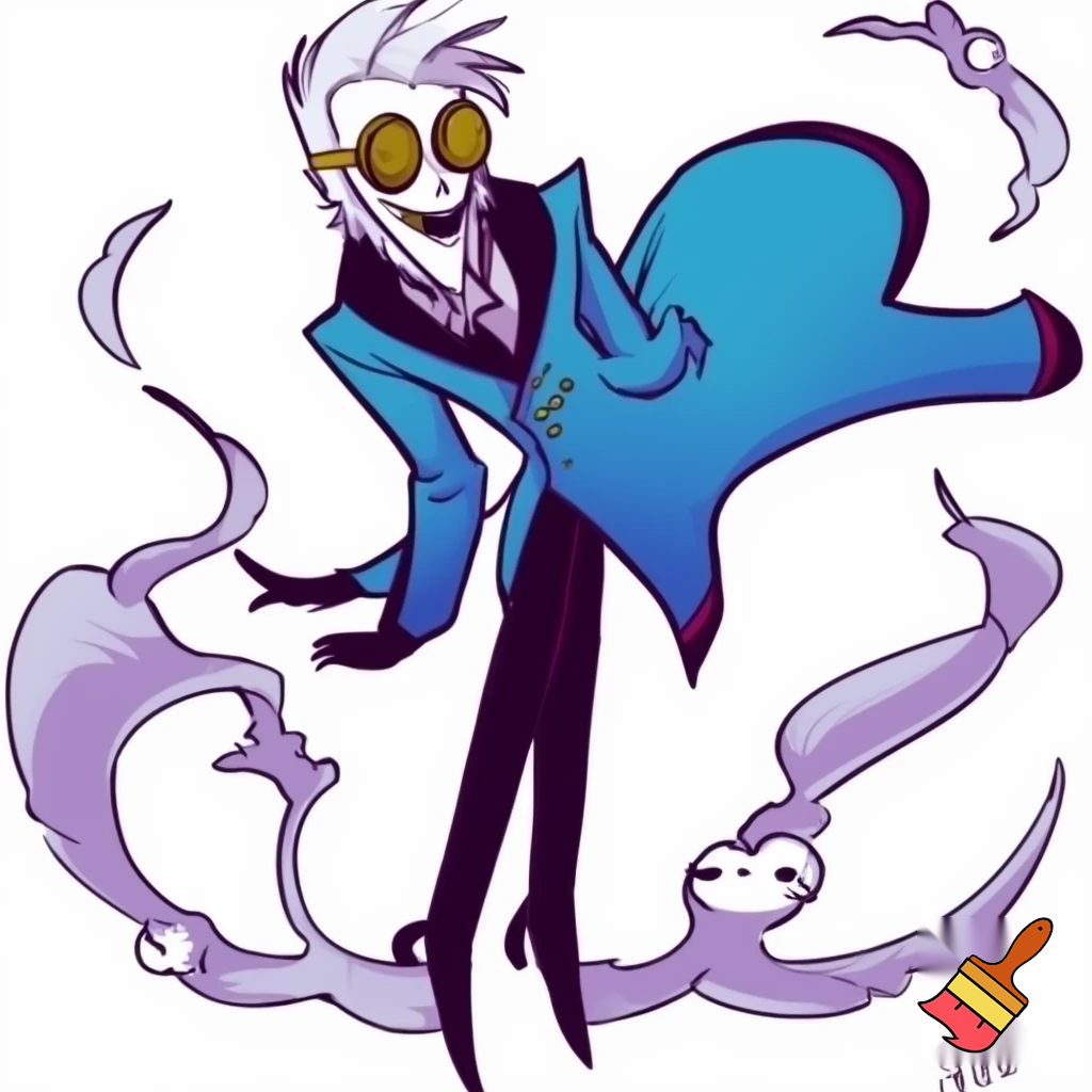 A tall, lean pale man with white hair, distinctive round brass glasses In cartoonish art style of hazbin hotel wearing his signature blue overcoat and smoke curling around him