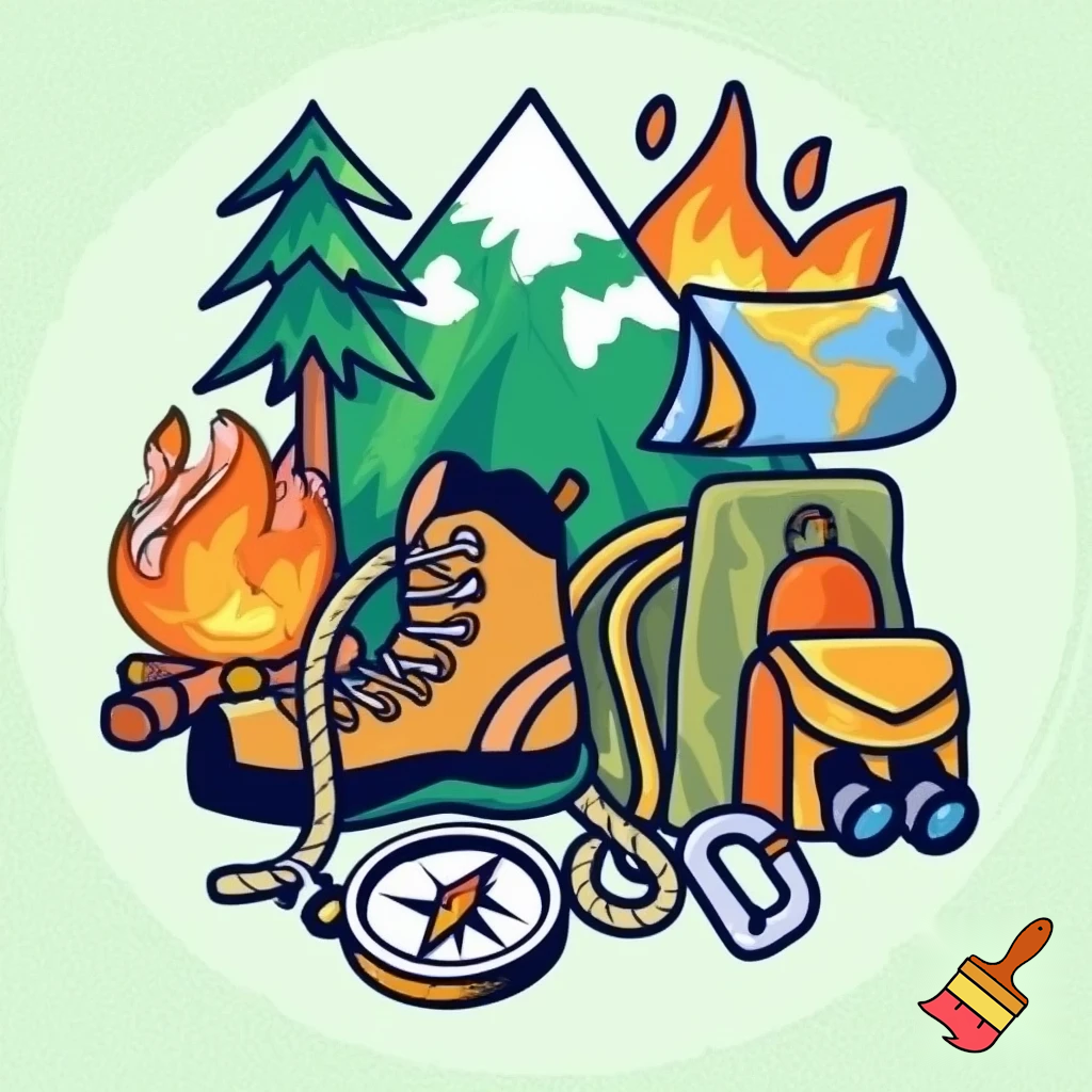 icons of nature exploration in cartoon style : climbing shoe, cord, fir tree, mountain, campfire, tent, carabiner, compass, backpack, world map, hiking shoe, binoculars