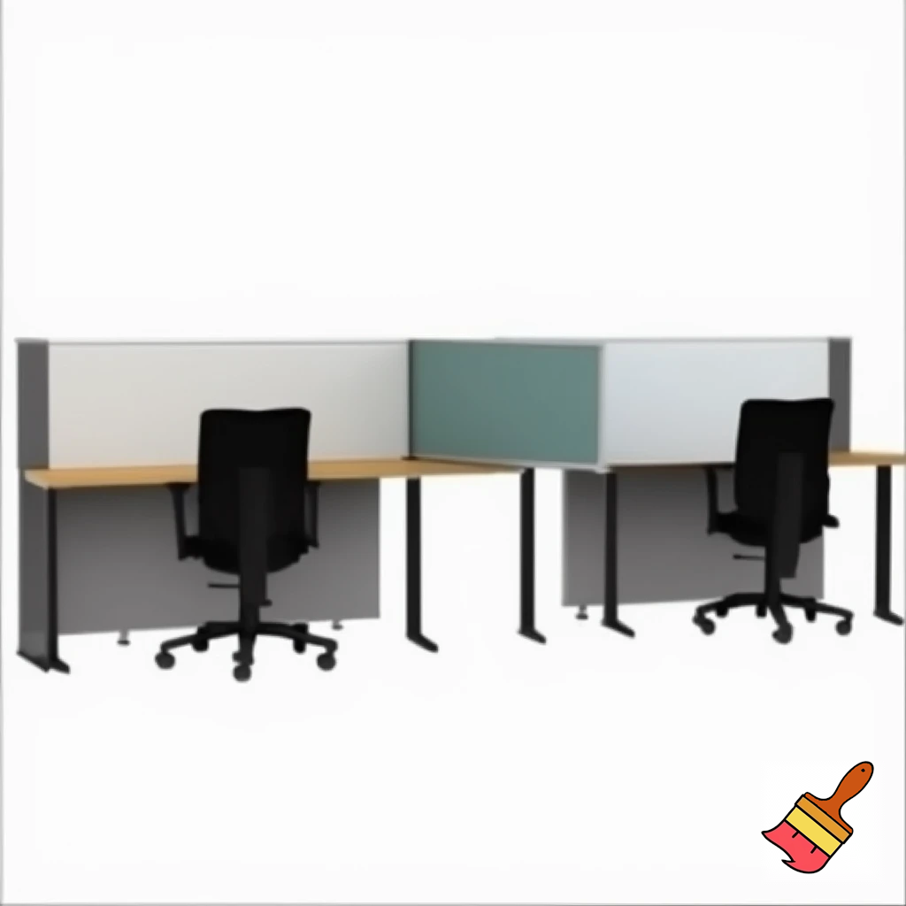 to arbejdsstationer , som består af 2 vægge 1,5 m høje, som står overfor hinanden ( på den ene - er whiteboard, på den anden - en skærm), med et klapbord på  hver væg (under whightboardet og skærmen), 2 stole på begge sider af hvert klapbord. Der er ikke væg imellem stationerne. Hvis man sætter dem sammen, bliver der dannet en station til 4 personer