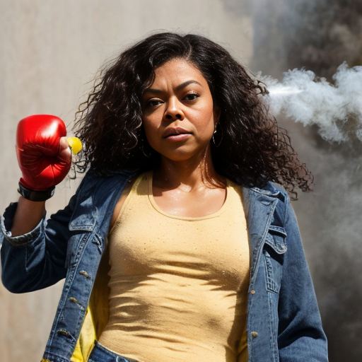 Taraji P. Henson as an FBI one beige fur jacket and yellow beige tank top red and yellow dots and blue jeans with long curly thick hair 20th Century Fox spray sprinkling water TNT stone smoker *punch*
