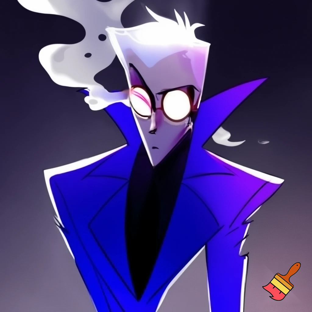 A tall, lean pale man with white hair, distinctive round brass glasses he has a stern look on his face. his face In cartoonish art style of hazbin hotel wearing his signature blue overcoat and smoke curling around him