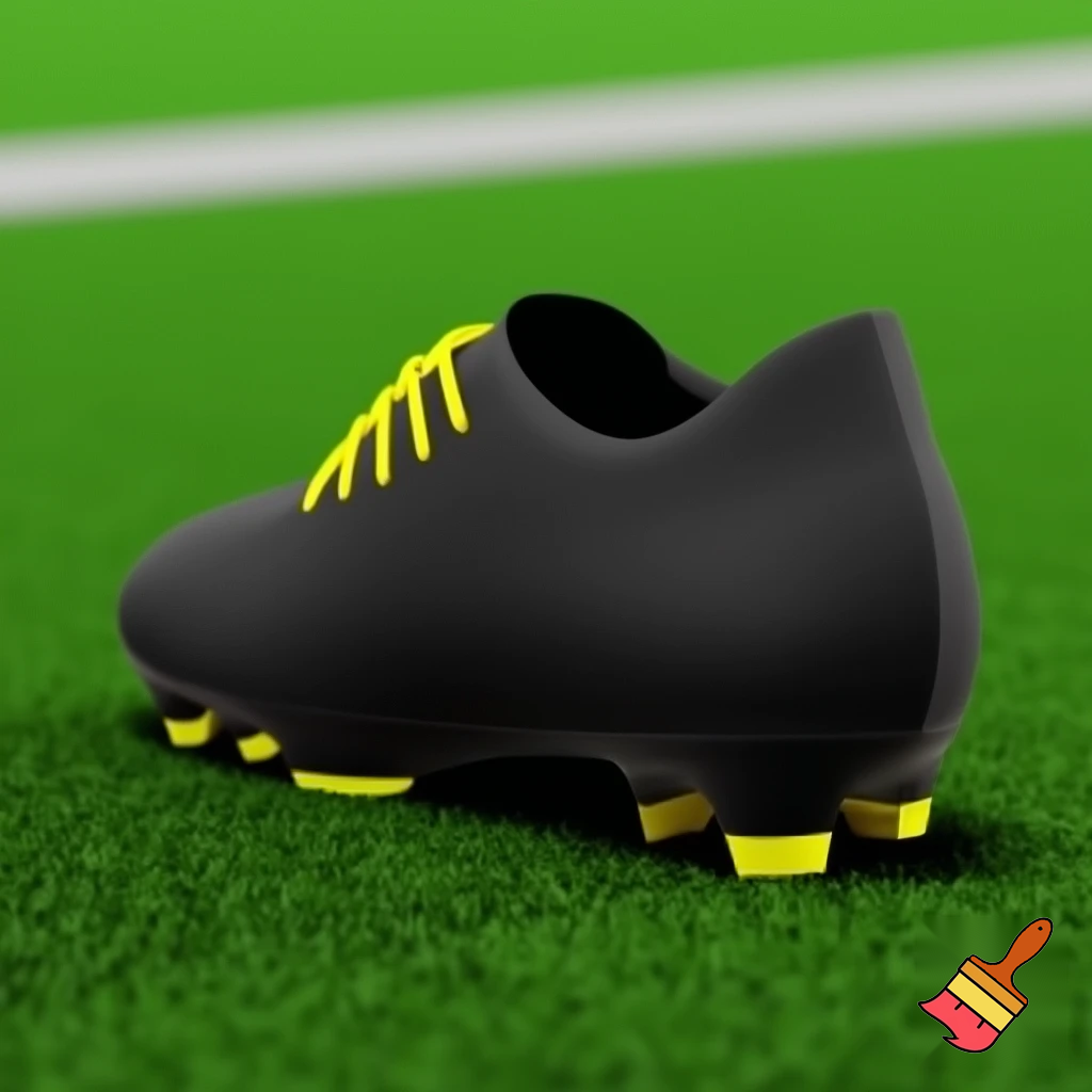  plain black soccer boot and with yellow laces and studs facing away from me
