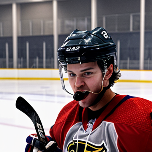 hawk with a hockey stick in his mouth