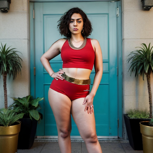 
Scene: A minimalist urban setting with potted plants.
Mood: Provocative and confident.
Expression: Dressed in a red sleeveless deep crop top and long red slit skirt, showcasing her thick thigh with a gold waist chain, the woman poses with one leg raised. She looks directly at the camera with a bold, self-assured gaze. Normal fit curvy girl 