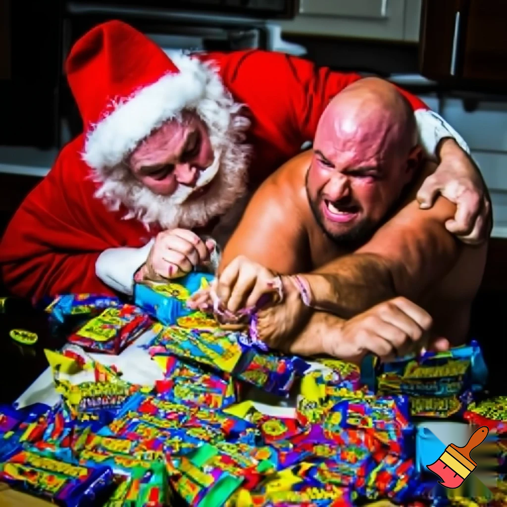 Santa and a bald man fighting over nerds the candy
