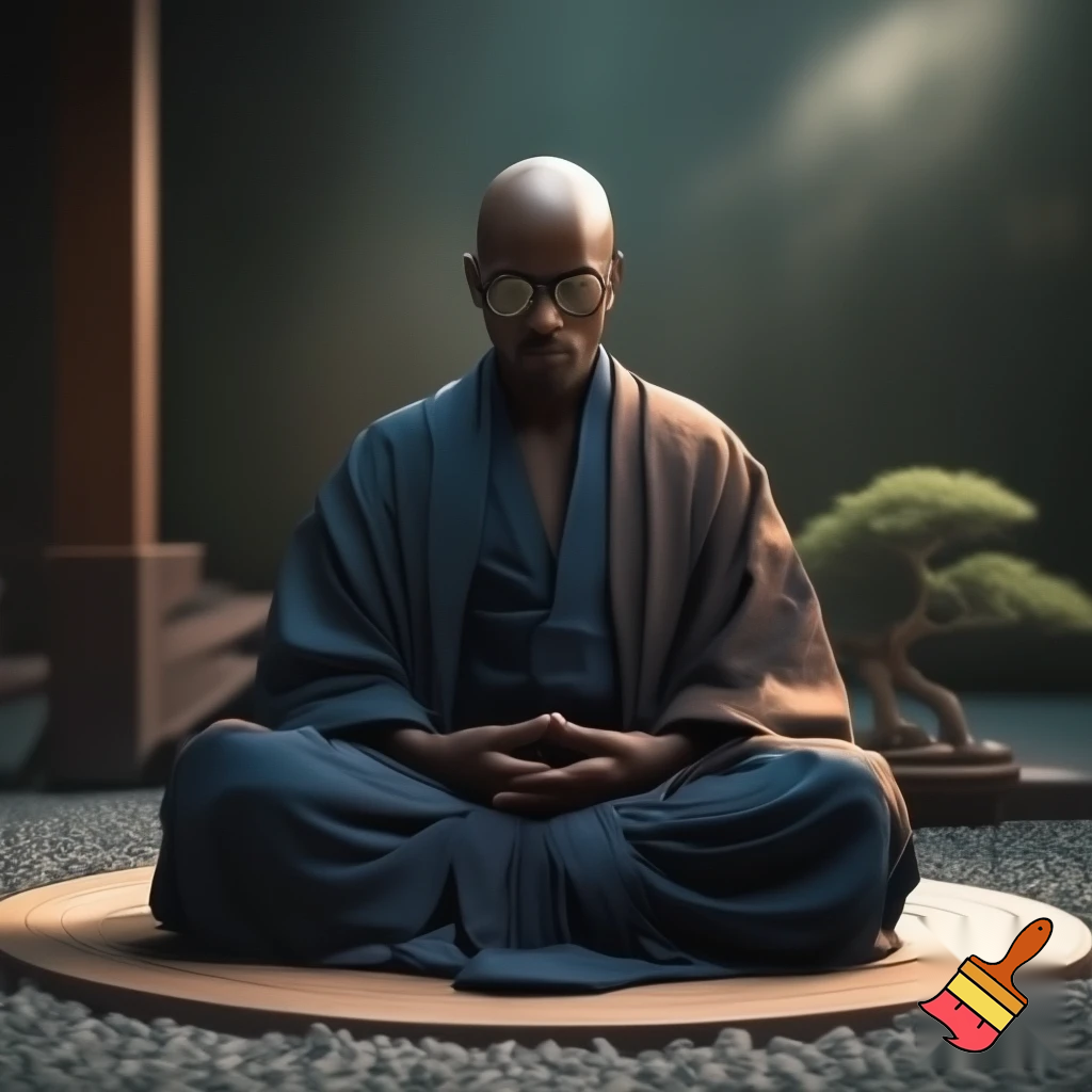 un black zen monk sitting in zazen posture, wearing dark rim glasses