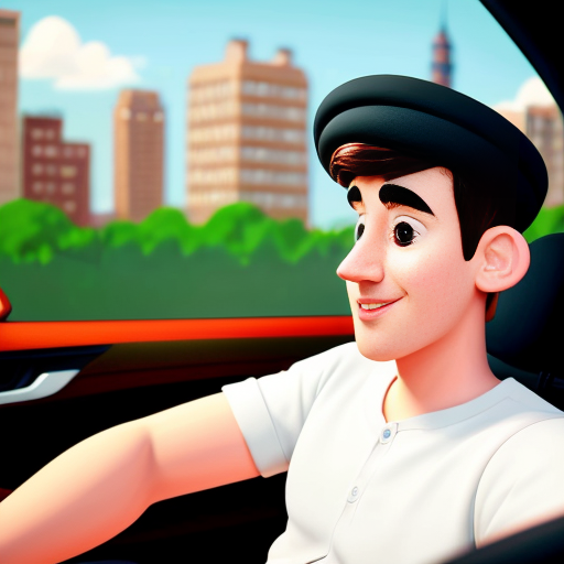 Pixar-style 3D cartoon, young Muslim man, 20 years old, beard, black jeans, white shirt, sitting in a car, holding phone to his ear, answering a call, relaxed pose, cartoon face with big expressive eyes, city visible through car windows in the background, bright friendly colors, cinematic lighting, simple cartoon style
