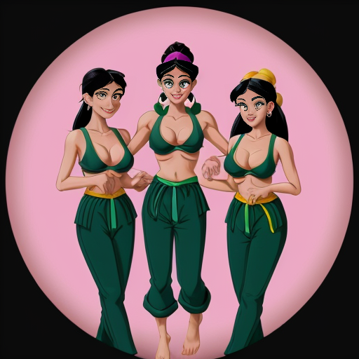 90's disney's 2d aladdin style image black background and of a three headed black haired ponytail woman with green skin,green harem pants pink bra and pink sash and pink curved slippers