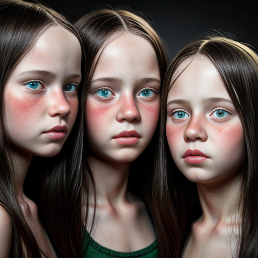 generate 16 year old triplets girls with black long hair and green eyes