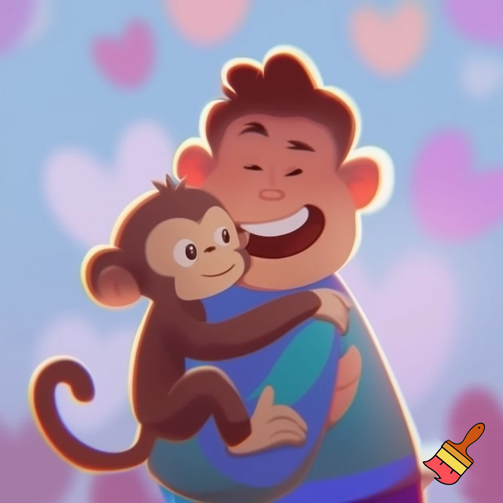 Cartoon man love his monkey 
