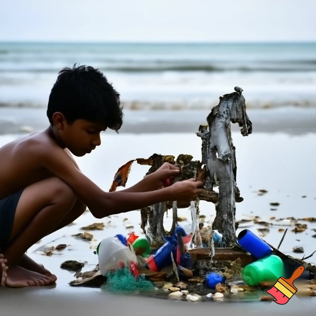 boy building a horse out of beach trash