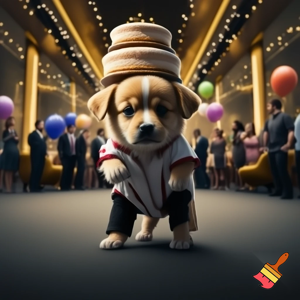 "A tiny, cute, small light-brown baby puppy standing inside a large luxurious modern office filled with many people. The puppy looks very shy. He is wearing a dirty and torn white shirt with red outline and a half-dirty black pant. The office is decorated for a birthday party — balloons, fairy lights, shiny golden décor. The puppy is carrying a huge triple-layer cake on his head, struggling to balance it. Cinematic soft lighting, realistic 3D style, emotional atmosphere, people in the background staring."