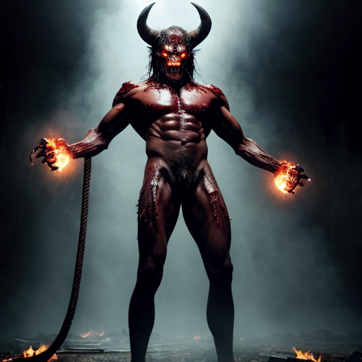 a towering, horned demon with obsidian-black skin stretched taut over corded muscle, its elongated limbs ending in jagged claws slick with fresh gore, standing amidst a cavernous slaughterhouse where dozens of skinned human carcasses hang from rusted hooks, their lifeless faces frozen in eternal screams. The flickering torchlight casts monstrous shadows that writhe across blood-smeared stone walls, illuminating piles of discarded viscera and shattered bones, while the demon's glowing sulfur-yellow eyes fixate on a lone survivor cowering in the corner—their trembling hands clutching a rusted cleaver, reflected in the demon's dripping maw as it grins with jagged, needle-like teeth. The air is thick with the coppery stench of butchery, every detail rendered in sickening realism: the visceral sheen of exposed muscle, the way intestines coil like wet rope across the floor, the subtle steam rising from freshly torn organs. Archaic symbols carved into the demon's flesh pulse with infernal light, casting eerie highlights across the carnage as if the very walls are breathing.