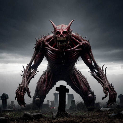 A photorealistic, hyper-detailed dark fantasy horror scene. A colossal, floating bio-mechanical leviathan hovers menacingly over a foggy, desolate graveyard. The creature is a grotesque fusion of rotting, dripping flesh, exposed muscle, and dark metallic machinery, featuring a massive gaping maw with jagged teeth and numerous intensely glowing red optical sensors dotting its body. Viscous gore drips from its underbelly. In the foreground, heavily mutilated humanoid corpses covered in wet blood and raw flesh are rising from muddy, open graves among weathered stone crosses. The atmosphere is grim, cinematic, and terrifying, with thick atmospheric fog, a dark overcast sky, and stark contrast between the desaturated greys of the cemetery and the vivid, glowing crimson reds. Shot on 35mm lens, 8k resolution, highly realistic texturing.