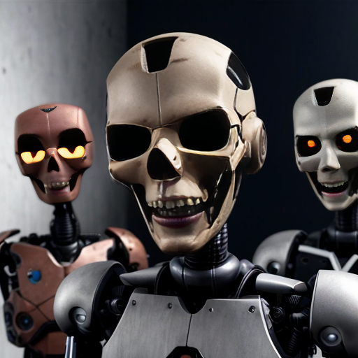 4 dead robots and 1 robot that is looking devastated that all his friends are dead
