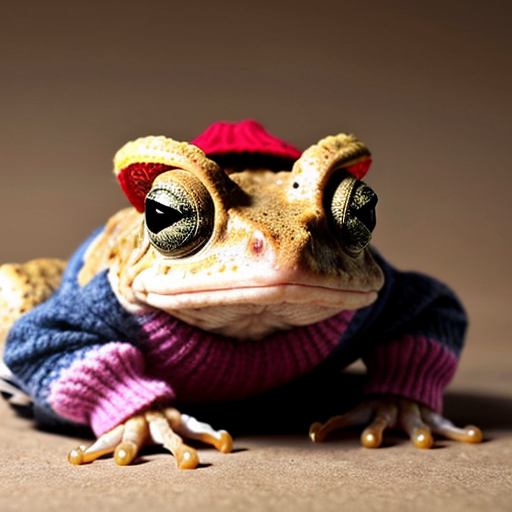 A laughable, puzzled animal toad in woolen, multicoloured winter clothings with woolen winter cap. Hyperrealistic style.